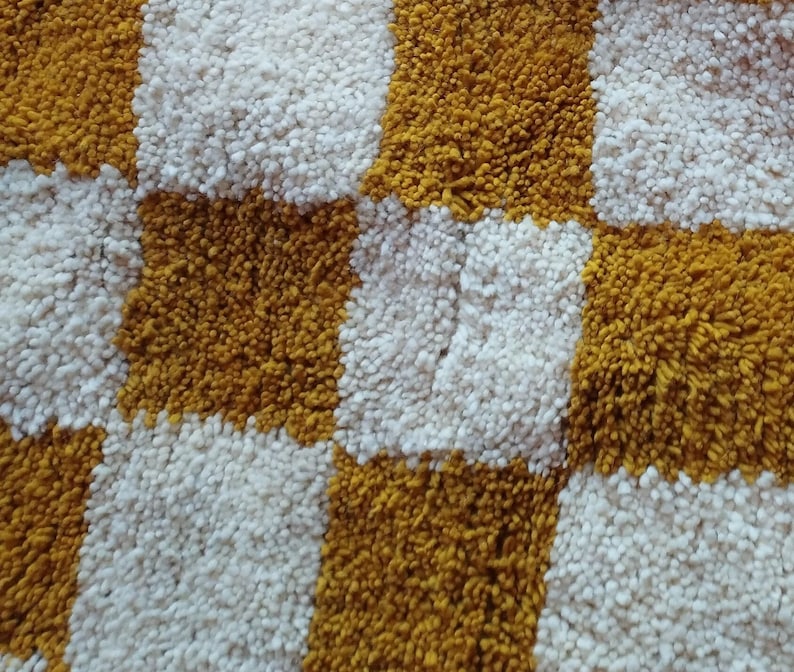 Checkered Rug: handmade wool Moroccan Berber Carpet blue yellow green