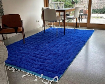 Blå modern ullmatta – djupblå handgjord matta 5×8, – geometrisk texturdesign