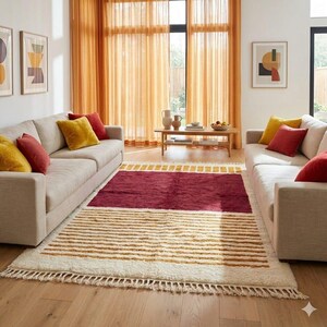 Red Moroccan Rug white Stripes Modern Handwoven Wool Berber