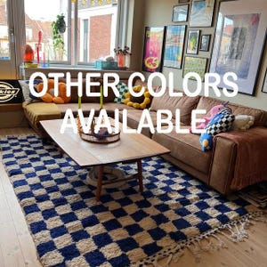 Checkered rug Moroccan checker rug wool checks rug for livingroom, handknotted checkerboard carpet, white and blue green yellow