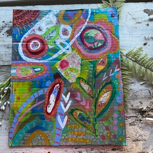 Jardín zen sobre cartón pintura original arte pandémico collage flores, pájaros y una abeja