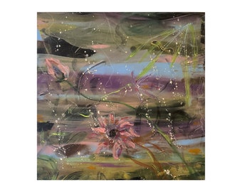 Lotus painting  on a dreamy pond Bubbles up original painting by Kim Critzer