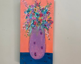 Beautiful abstract flowers in a whimsical purple vase.a Cheerful cottage farmhouse style Original acrylic painting of flowers in a vase.