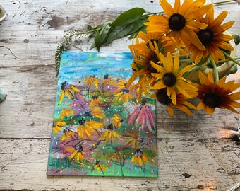 Black eyed Susan  in a field acrylic and pastels painting by Kim Critzer of white wildflower