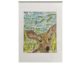 Pennies from heaven deer head painting with moon in the sky original art on vintage sheet music