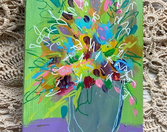 Love you truly an original acrylic painting of flowers in a vase. Green background rainbow of colors