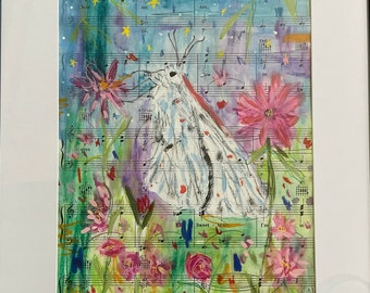 Butterfly in the garden stars in the sky original art on vintage sheet music in a spring garden