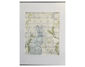 Hare rabbit painting with moon in the sky original art on vintage sheet music in a spring garden