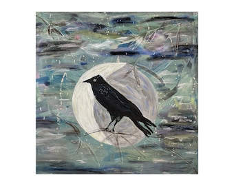 Waning crescent moon original blackbird painting by Kim Critzer night sky