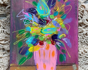 miss Minnie an original acrylic painting of flowers in a vase. Pink background rainbow of colors