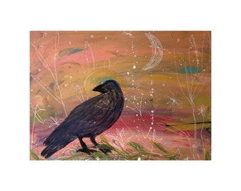 Sunrise magic hope for a new day original blackbird painting by Kim Critzer golden glow pink sky