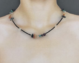 Chakra Chip and Seed Bead Necklace, Rainbow Gemstone Beaded Necklace