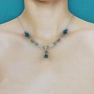 Blue Apatite Cage Gemstone Necklace, Blue Apatite Beaded Necklace