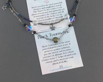 Mood Bead Black Tourmaline and Rainbow Quartz Layered Necklace