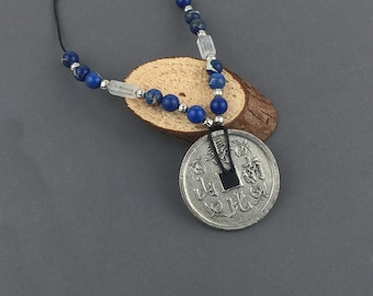 Blue Sea Sediment Jasper Necklace, Chinese Coin Necklace