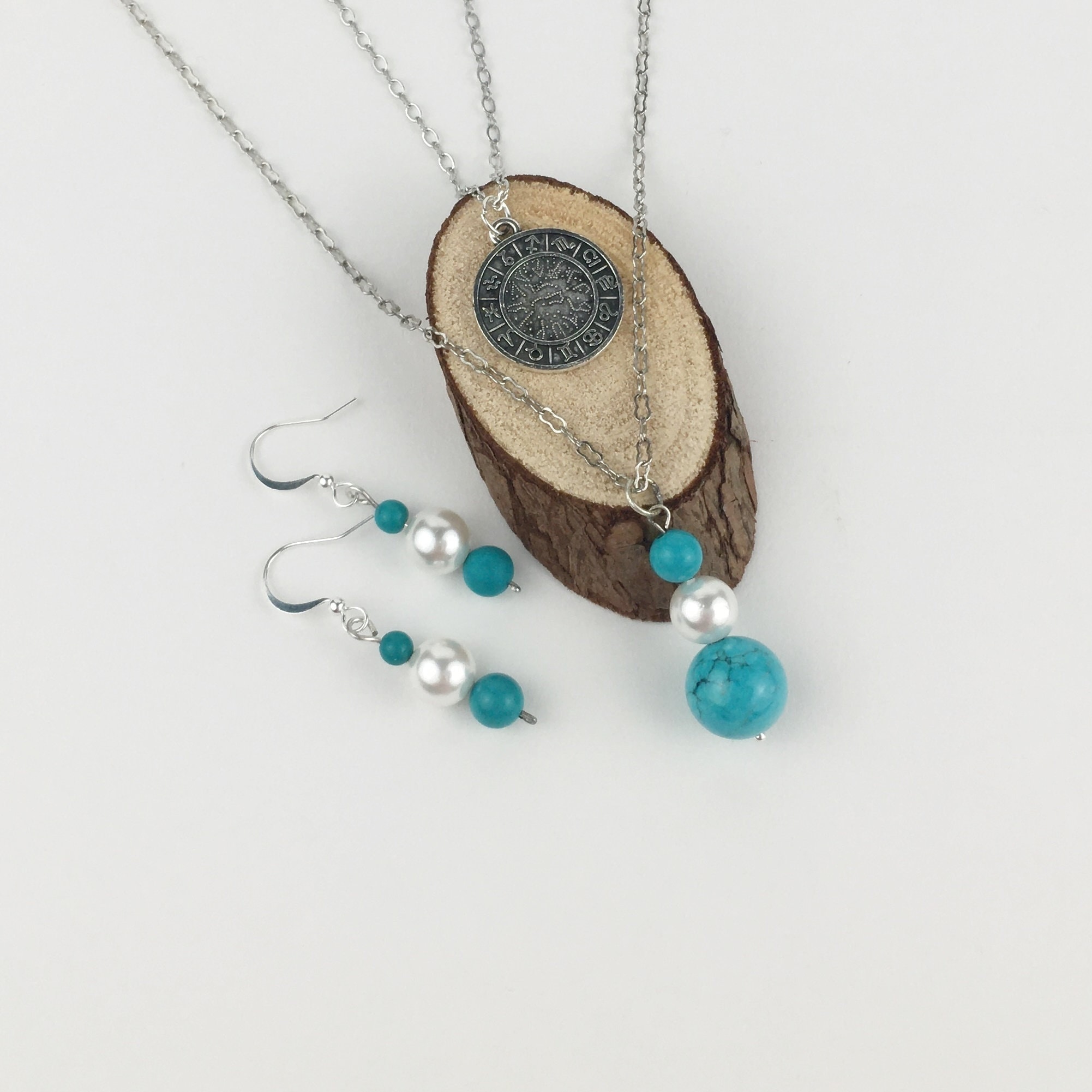 Turquoise and South Sea Shell Pearl Zodiac Jewelry Set