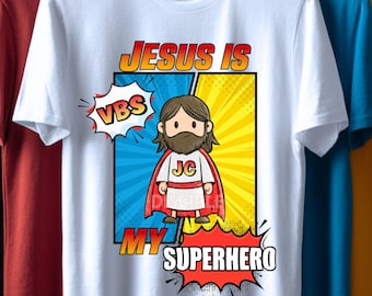 Jesus is my Superhero VBS PNG t-shirt design, Christian kids shirt, Jesus Png, Kids comic style Jesus t-shirt design, Youth group tees