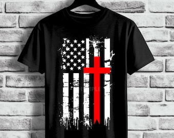Cruz com a bandeira americana em estilo desgastado PNG, design patriótico cristão (download digital)