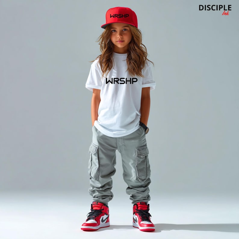 May include: A young person wearing a white t-shirt with the word "WRSHP" printed on it, gray cargo pants, red and white sneakers, and a red baseball cap with the word "WRSHP" printed on it.
