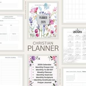 Op de afbeelding: Een christelijke planner voor 2026 met een bloemenontwerp. De omslag toont "Planner 2026" en "Bloom Where You Are Planted." Bevat een kalender, gebedslijst, takenlijst en dankbaarheidslijst. Directe download.