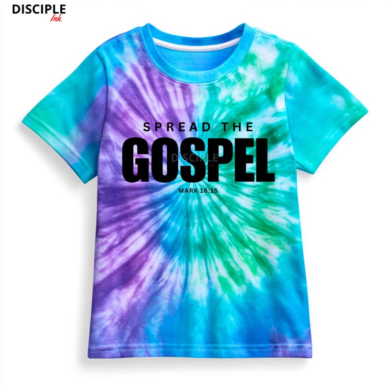 May include: A short-sleeve t-shirt featuring a tie-dye pattern in shades of purple, blue, and green. The front displays the black text SPREAD THE GOSPEL and MARK 16:15. The top left corner includes the brand text DISCIPLE Ink in black lettering.