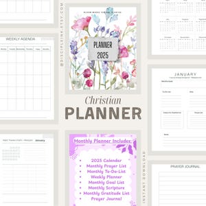 2025 Christian Planner Printable Faith-Based Monthly Agenda, Bible Verse Journal + Prayer Tracker, Minimalist Godly Planner for Women
