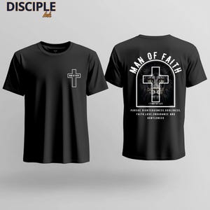 May include: Black t-shirts with white graphics. One shirt features a cross on the front and the text "MAN OF FAITH" with a lion graphic on the back. The back also includes the text "PURSUE RIGHTEOUSNESS, GODLINESS, FAITH, LOVE, ENDURANCE AND GENTLENESS."