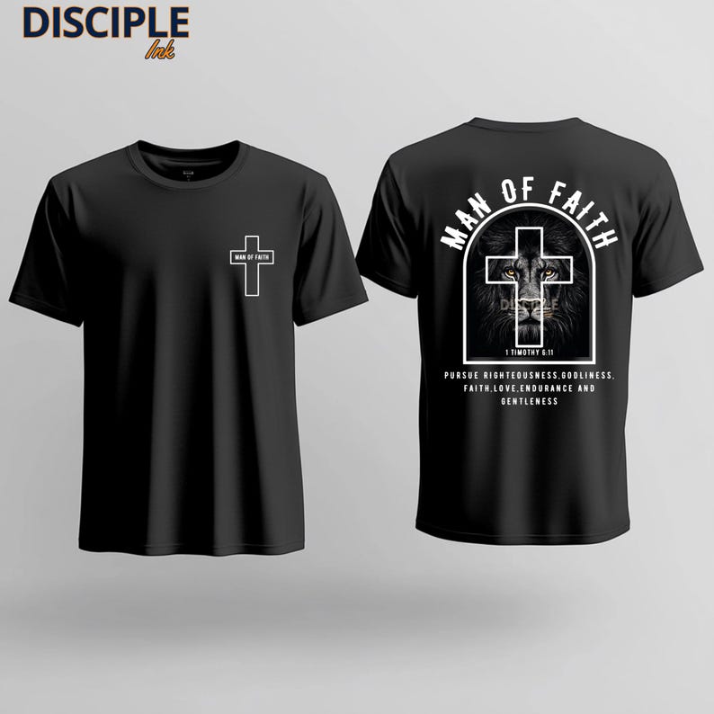 May include: Black t-shirts with white graphics. One shirt features a cross on the front and the text "MAN OF FAITH" with a lion graphic on the back. The back also includes the text "PURSUE RIGHTEOUSNESS, GODLINESS, FAITH, LOVE, ENDURANCE AND GENTLENESS."