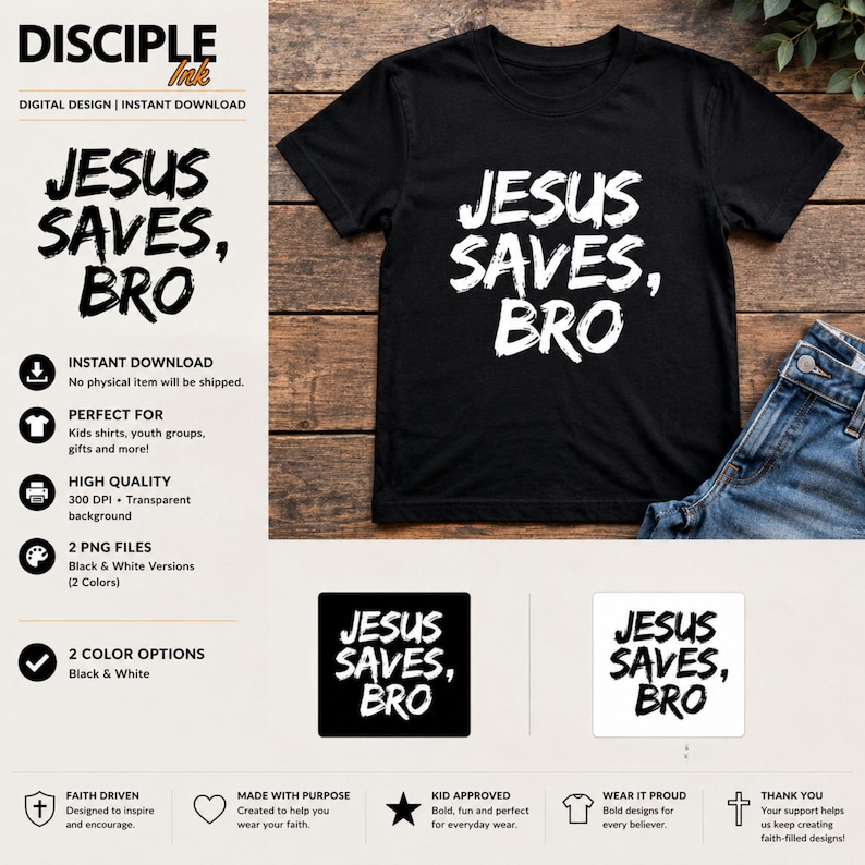Op de afbeelding: Zwart t-shirt met de witte tekst "JESUS SAVES, BRO". Het shirt wordt getoond met een spijkerbroek. De afbeelding bevat ook de tekst "DISCIPLE Ink" en andere tekst gerelateerd aan het product.