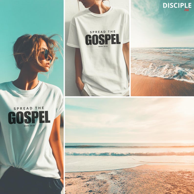 May include: A white short-sleeved t-shirt featuring the black text SPREAD THE GOSPEL and the reference MARK 16:15 printed on the front. The shirt has a crew neckline and a standard fit, displayed in a collage with beach and ocean imagery.