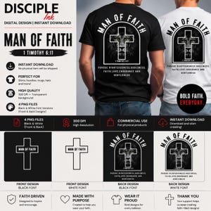 May include: Digital design featuring the text "MAN OF FAITH" and "1 Timothy 6:11". The design includes a cross with a lion's face, available in black and white font versions. Ideal for shirts, hoodies, and mugs.