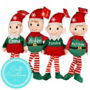May include: Four personalized plush elf dolls with red and green outfits. The elves are named Emma, Aiden, Kendra, and Matthew.