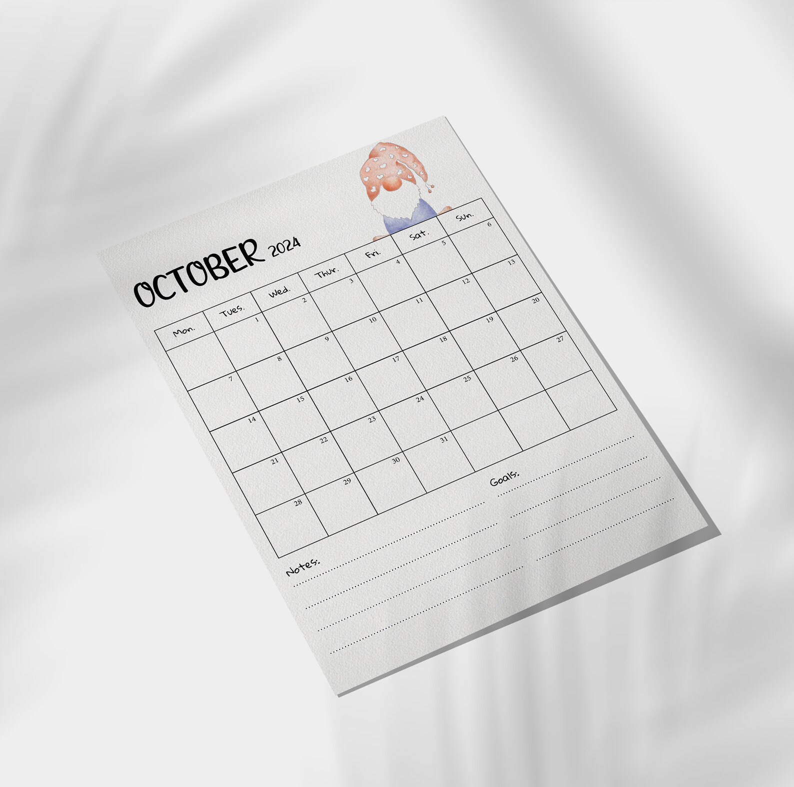 2024 Printable Calendar, Cute Gnomes Calendar, Water Color Design 2024