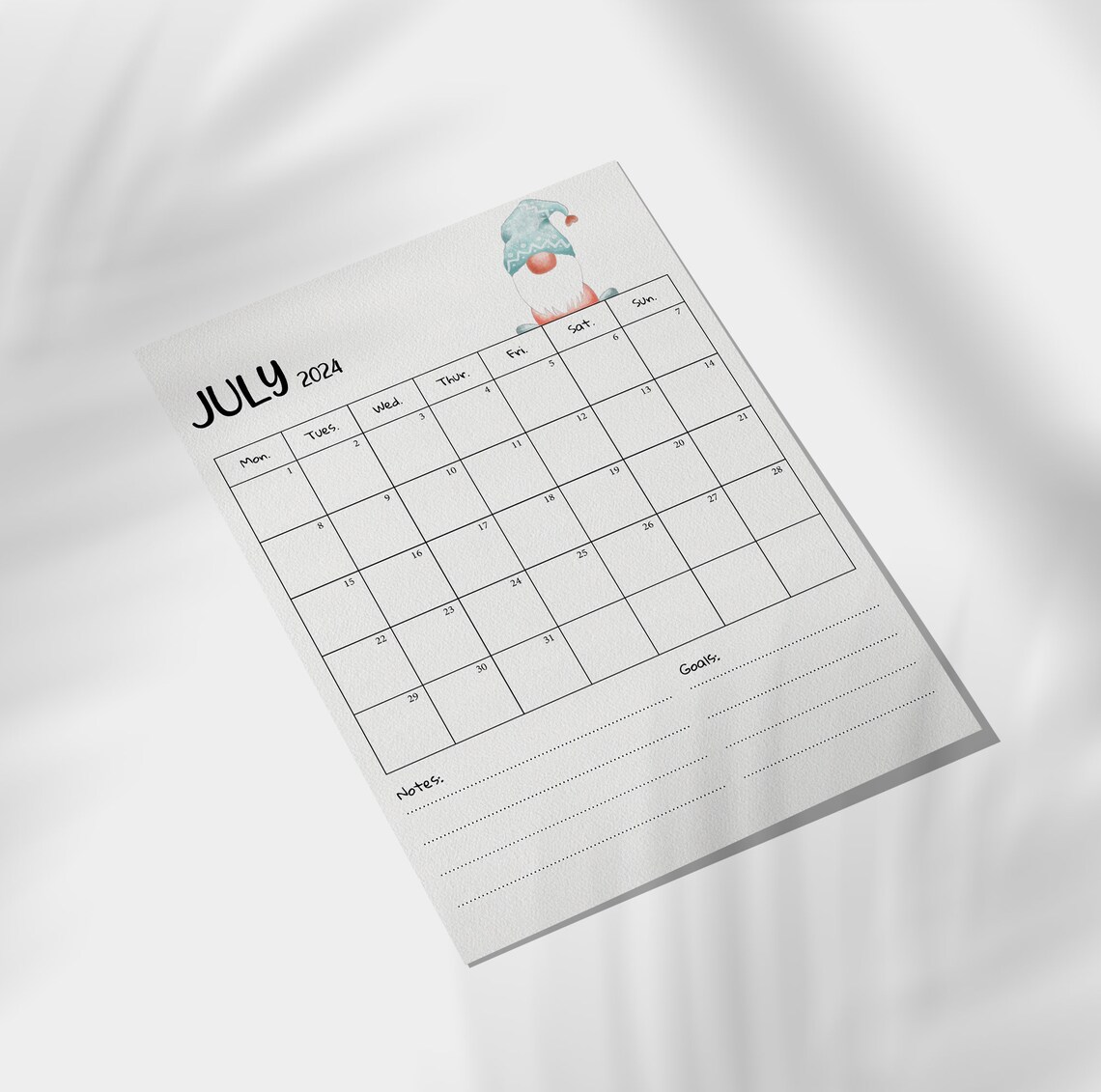 2024 Printable Calendar, Cute Gnomes Calendar, Water Color Design 2024 Calendar, A4 Size 2024