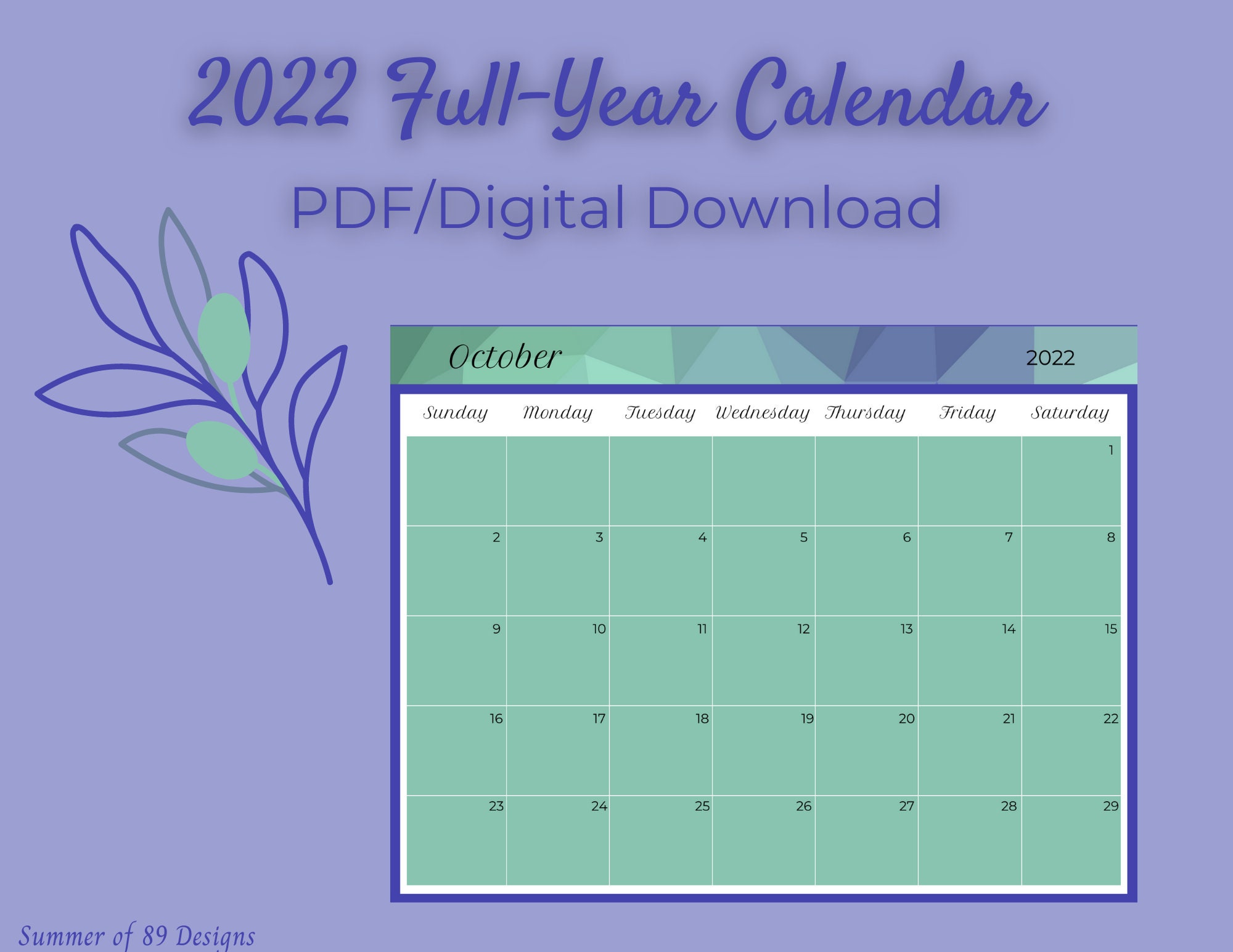printable 2022 full year blue teal calendar pdf calendar etsy