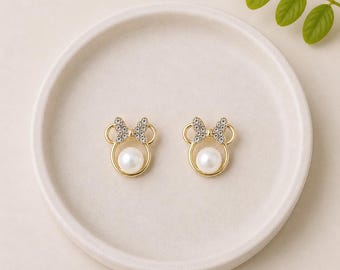 Pearl Mouse Earrings – Crystal Bow, Gold Tone Studs