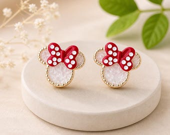 Minnie Mouse Stud Earrings | Red Polka Dot Bow, Gold Trim Jewelry
