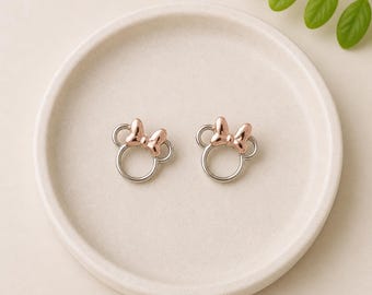 Mouse Earrings, Silver & Rose Gold Plated, Stud Earrings