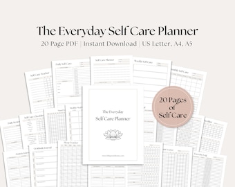 Könnte beinhalten: Eine Sammlung von druckbaren Selbstpflege-Planerseiten. Der Titel "The Everyday Self Care Planner" wird oben angezeigt, zusammen mit "20 Page PDF" und Größenoptionen. Eine kreisförmige Grafik zeigt "20 Pages of Self Care".