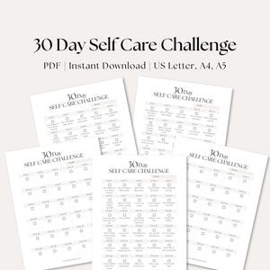 Puede incluir: Un conjunto de hojas imprimibles blancas para un desaf&iacute;o de autocuidado. Cada hoja tiene el t&iacute;tulo "30 Day Self Care Challenge" en la parte superior, con casillas de verificaci&oacute;n para las actividades diarias. Las hojas est&aacute;n etiquetadas como "PDF | Instant Download | US Letter, A4, A5".