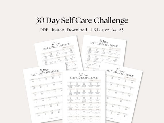 30 Day Self Care Challenge Printable Worksheet (PDF, US Letter/A4/A5)