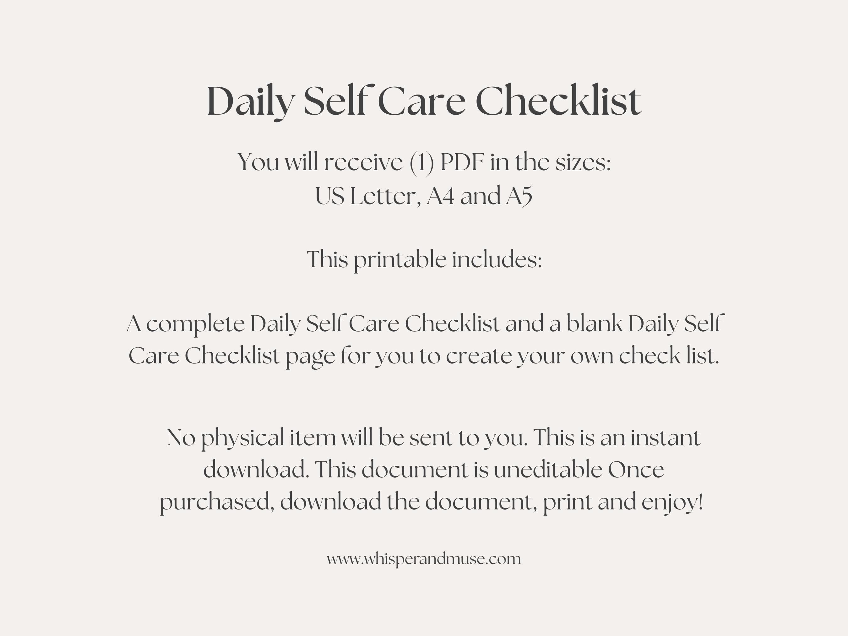 Self Care Checklist Printable: Daily Wellness Tracker (PDF Download, US ...