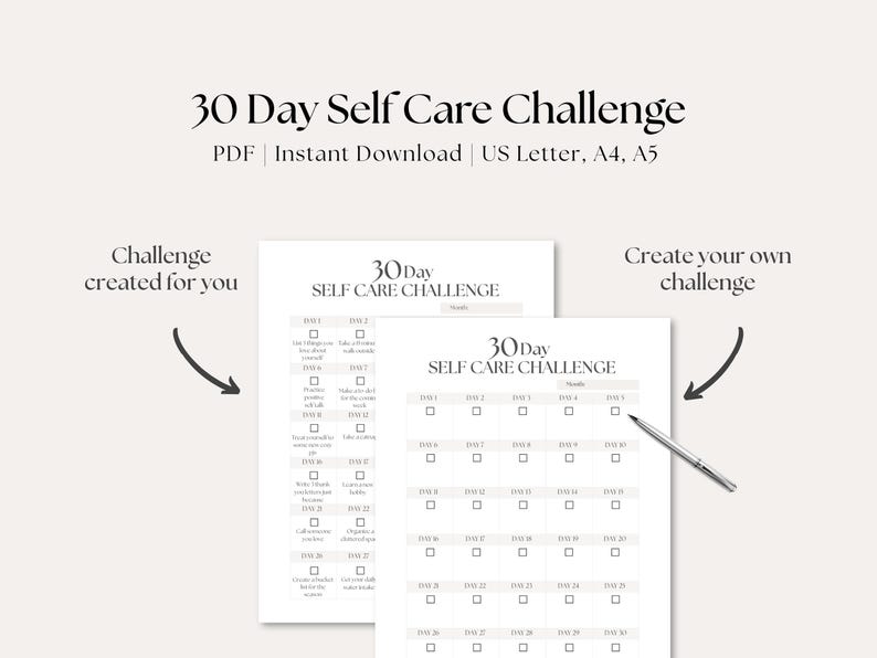 Puede incluir: Dos hojas imprimibles de desaf&iacute;o de autocuidado. El texto "30 Day Self Care Challenge" est&aacute; en la parte superior. Una hoja est&aacute; etiquetada como "Challenge created for you" y la otra "Create your own challenge". Las hojas son blancas con texto y casillas negras.