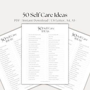 Puede incluir: Tres hojas de papel blancas con el texto "50 Self Care Ideas" en un diseño minimalista. Las hojas están en ángulo, mostrando una lista de actividades de autocuidado. El texto está en una fuente simple y legible.