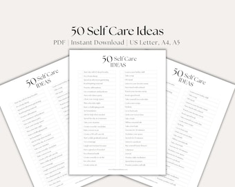 Hoja de trabajo imprimible con 50 ideas de autocuidado (PDF/Carta EE. UU./A4/A5)