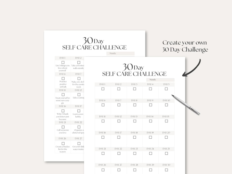 Puede incluir: Dos hojas imprimibles blancas del Desaf&iacute;o de Cuidado Personal de 30 d&iacute;as. La hoja superior tiene el t&iacute;tulo y una lista de actividades de autocuidado. La segunda hoja es un calendario en blanco para realizar un seguimiento de las actividades. Hay un bol&iacute;grafo al lado del calendario.