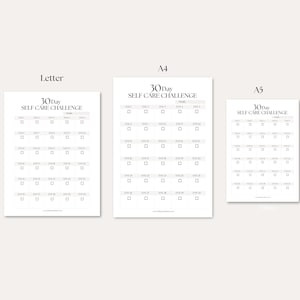 Puede incluir: Tres hojas de papel blancas con el texto "30 Day Self Care Challenge" en un dise&ntilde;o minimalista. Las hojas son en tama&ntilde;os Letter, A4 y A5, cada una con una cuadr&iacute;cula de casillas para el seguimiento diario. El tema general es el autocuidado.