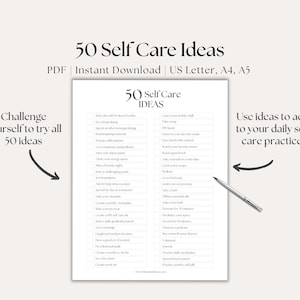 50 Self-care Ideas Printable Worksheet (PDF/US Letter/a4/a5) - Etsy