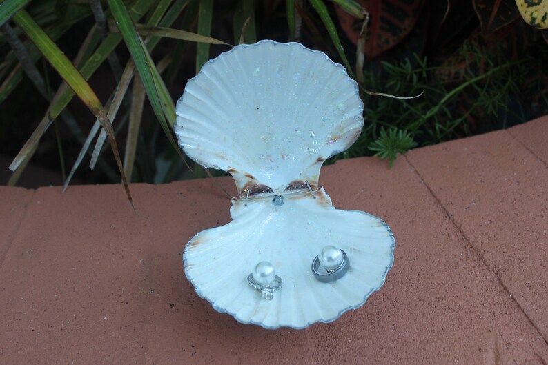 Silver Accented Scallop Seashell Dual Ring Box for Beach Wedding - His and Hers image 2
