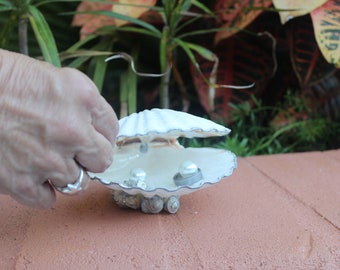 Silver Accented Scallop Seashell Dual Ring Box for Beach Wedding - His and Hers
